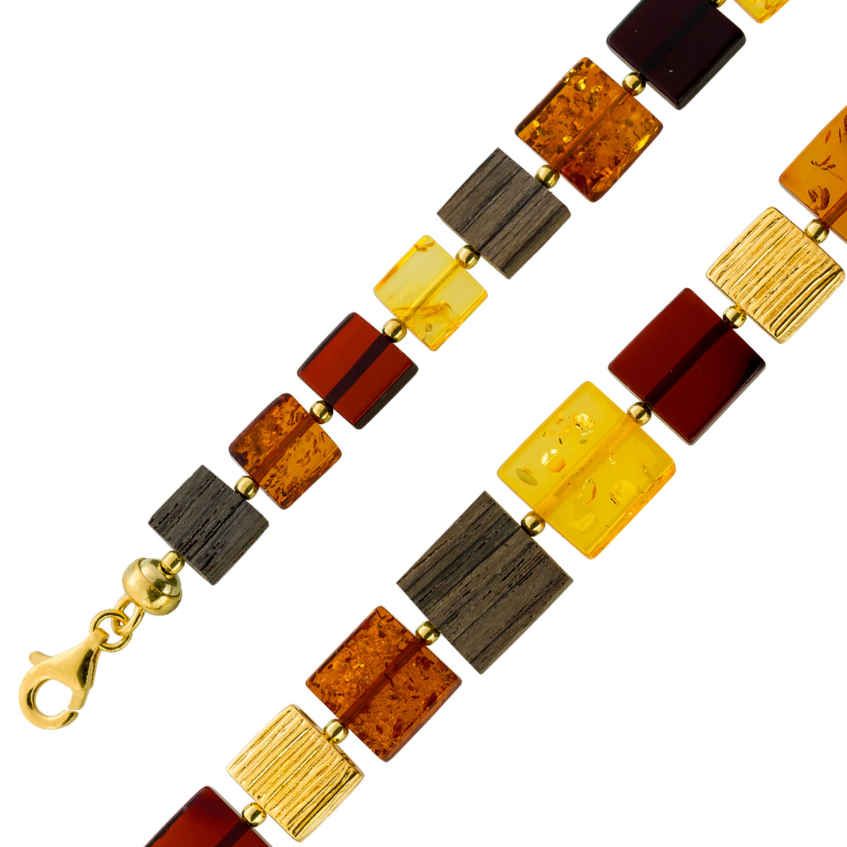 Bernsteinkette 50cm gelb-braune Bernsteine schwarze Eichenholz Elemente 50