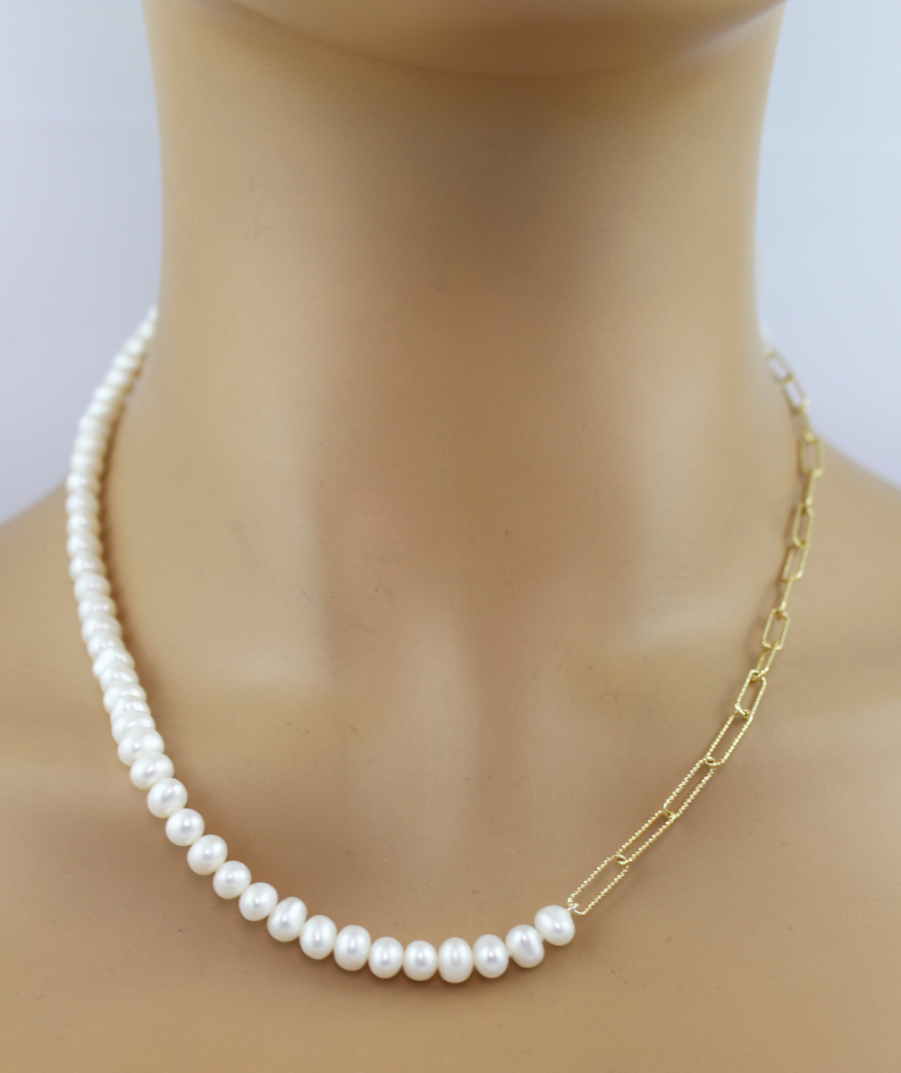 Paperclipkette Silber 925 vergoldet Süßwassrzuchtperlen 5-6mm 50