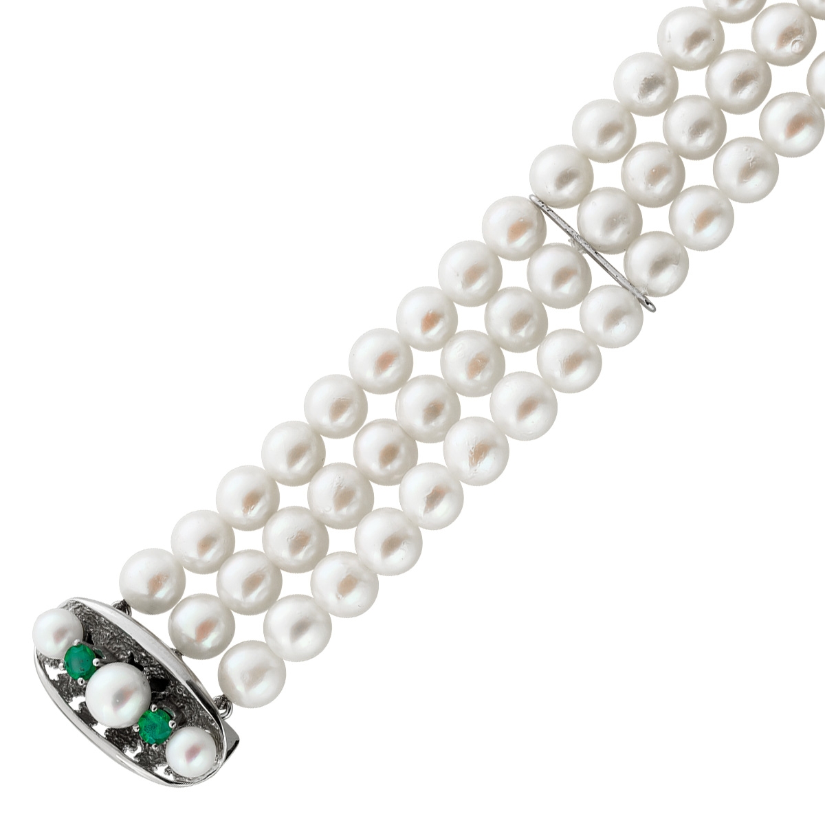 Armband Jap. Akoyaperlen 6,2-6,3mm Weißgold 585 grüne Smaragde 0.40ct 19